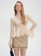 Elegant Lace Trim Satin Blouse