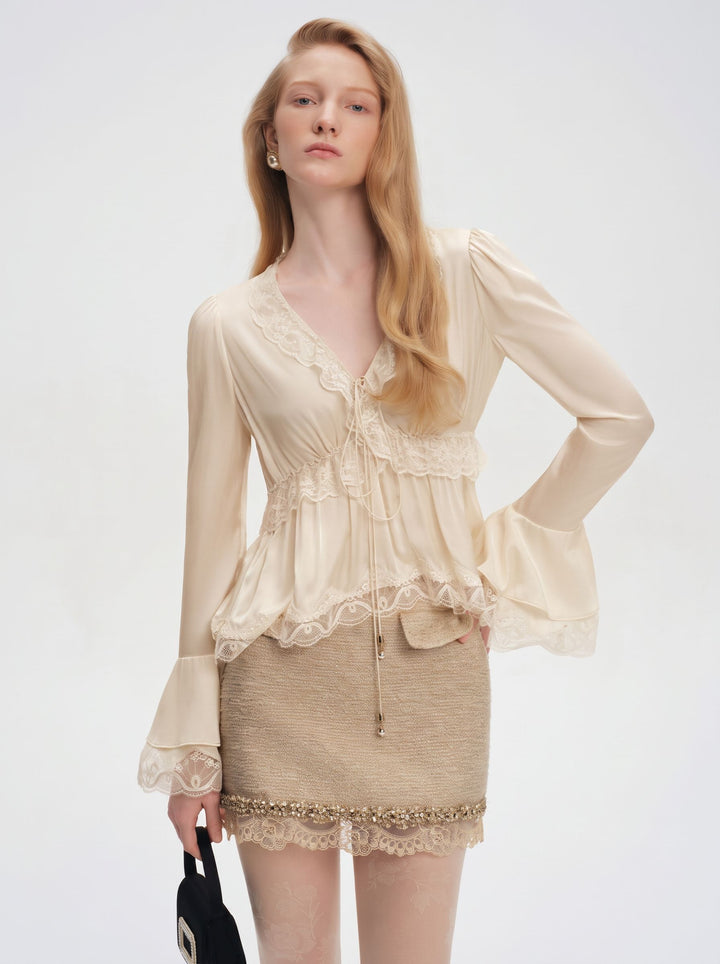 Elegant Lace Trim Satin Blouse