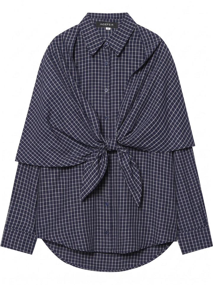 Draped Plaid Tie Front Button Shirt