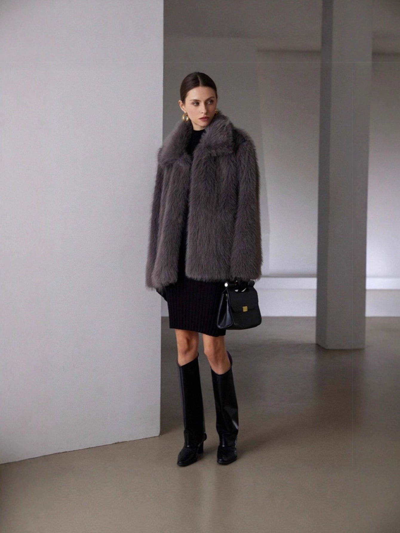 Luxurious Grey Faux Fur Coat