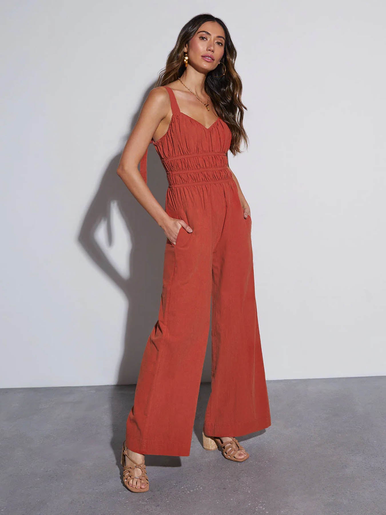 V Neck Pocket Detail Casual Jumpsuit-Multicolor
