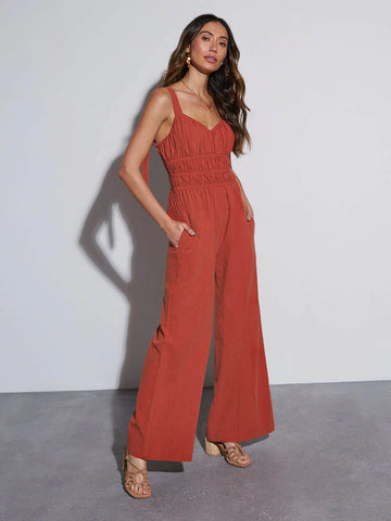 V Neck Pocket Detail Casual Jumpsuit-Multicolor