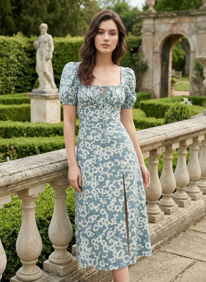 Floral Print Puff Sleeve Tie MidiDress
