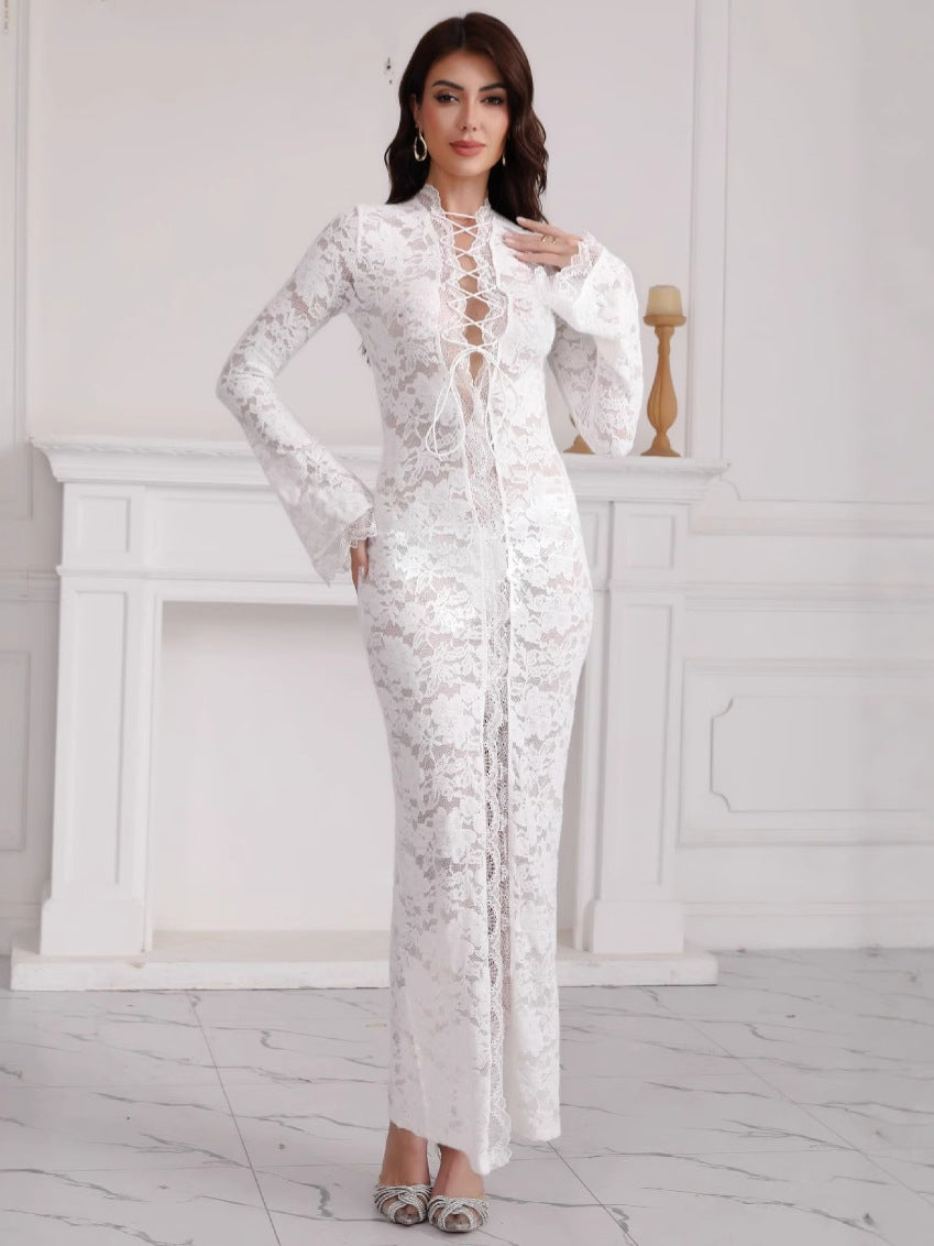 Lace High-Slit Vacation Midi Evening Dress-White