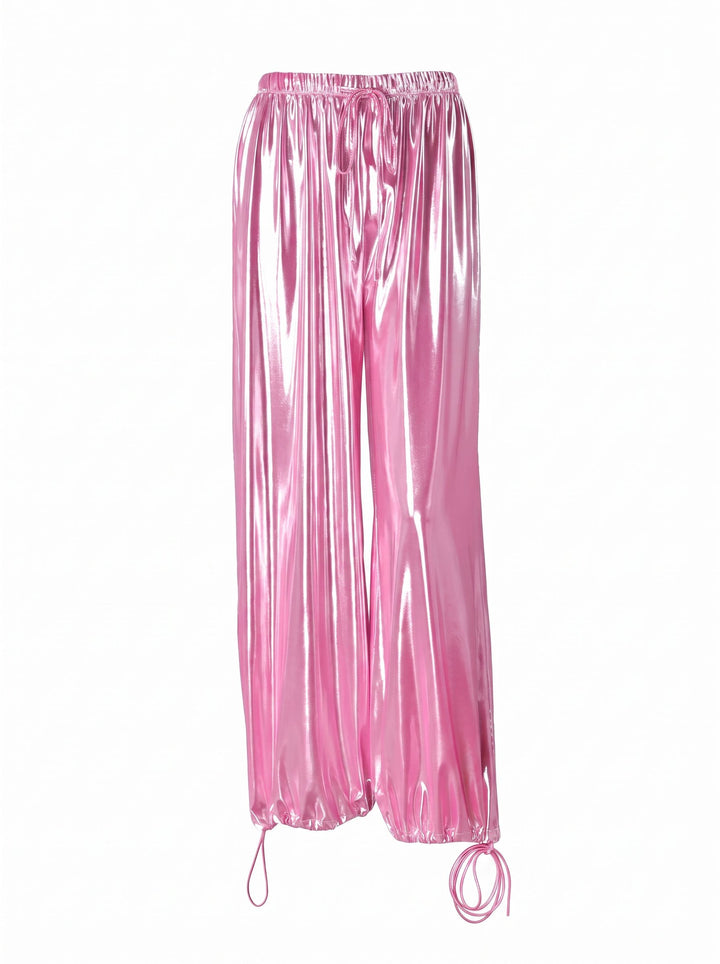 Metallic Satin Drawstring Wide Leg Pants