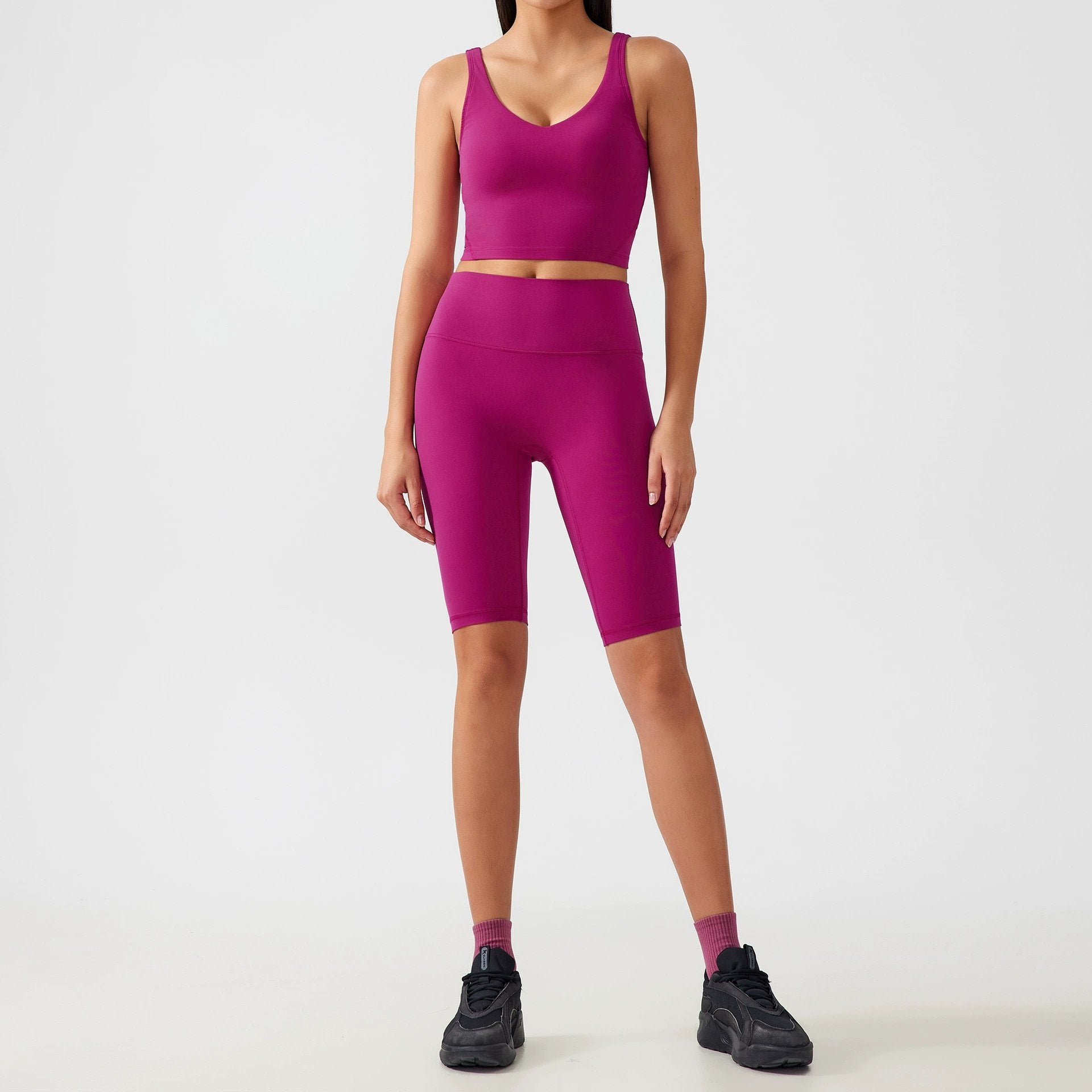 V-Neck Cropped Tee Tight-Fit Biker Shorts Casual Set-Multicolor