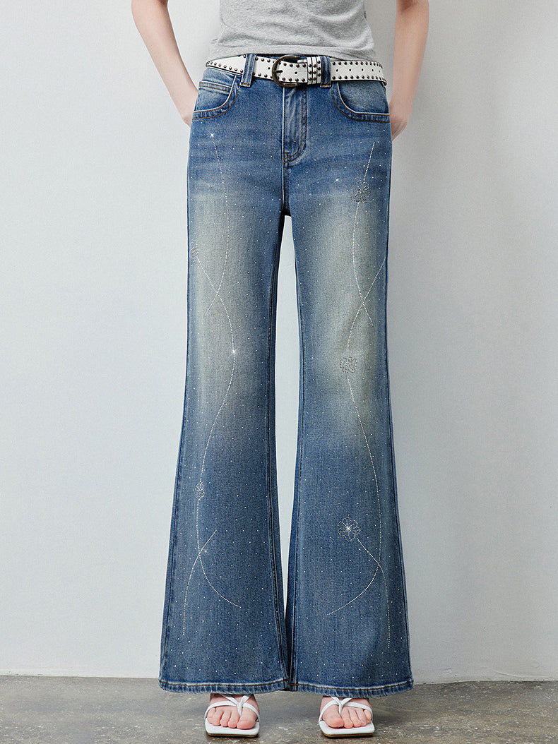 Sparkly Rhinestone Embellished Wide Leg Jeans