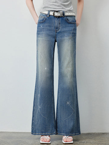 Sparkly Rhinestone Embellished Wide Leg Jeans