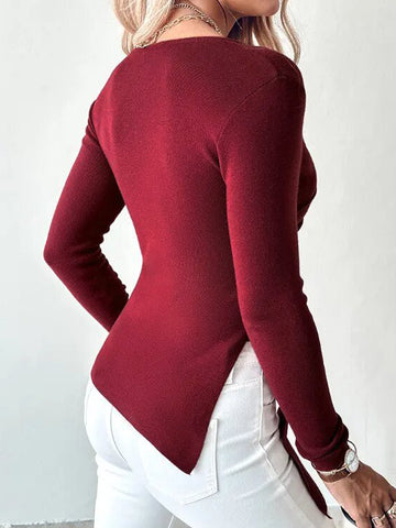 Ribbed Wrap Front Side Slit Sweater