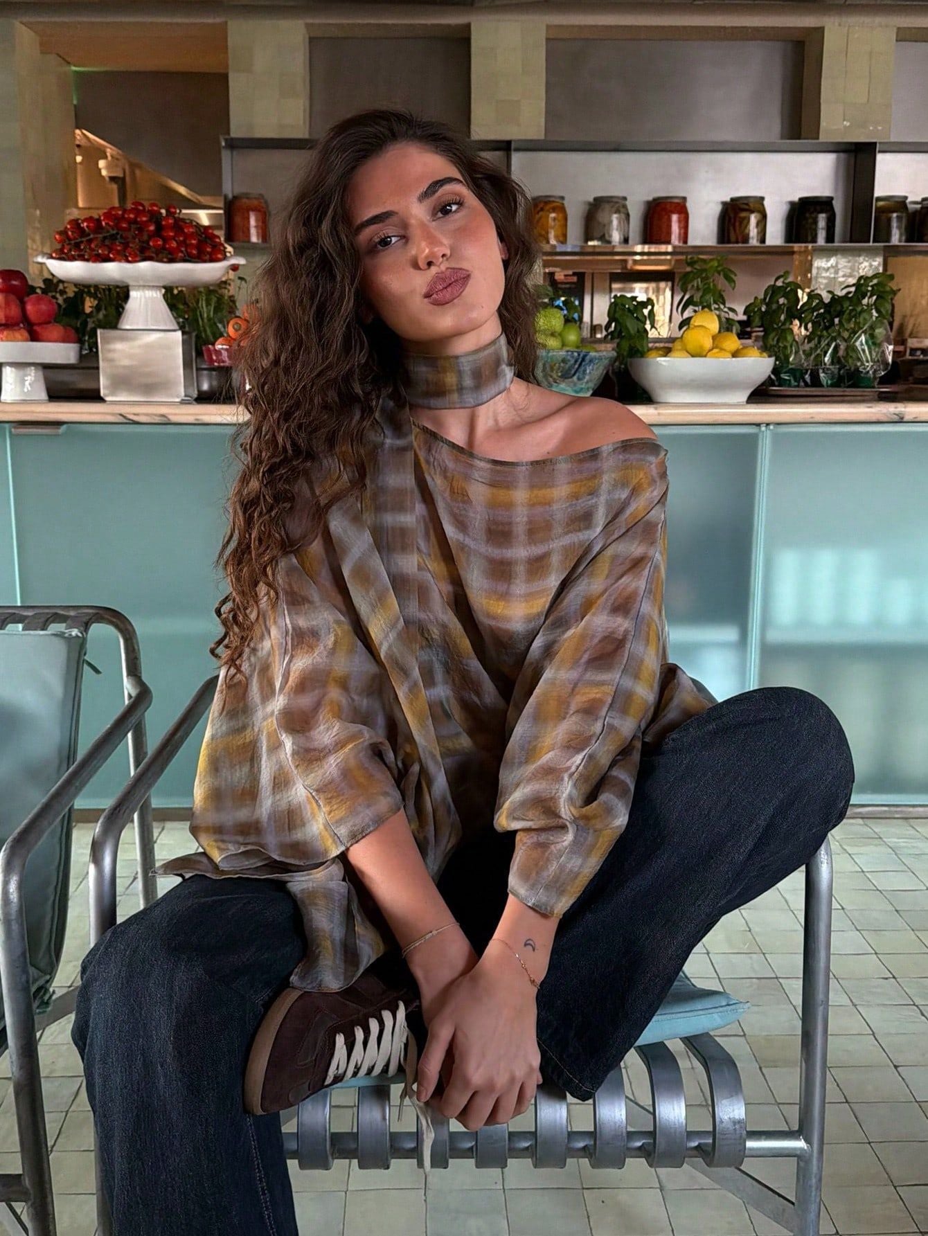 Plaid Chiffon Halter Neck Blouse