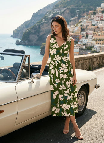 CORINNE
Floral Print V Neck A Line Midi Dress