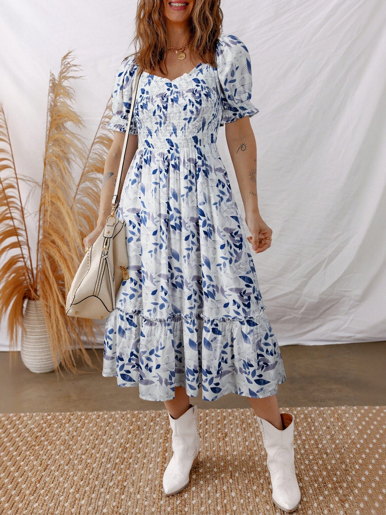 Floral Smocked Puff Sleeve Midi Dress