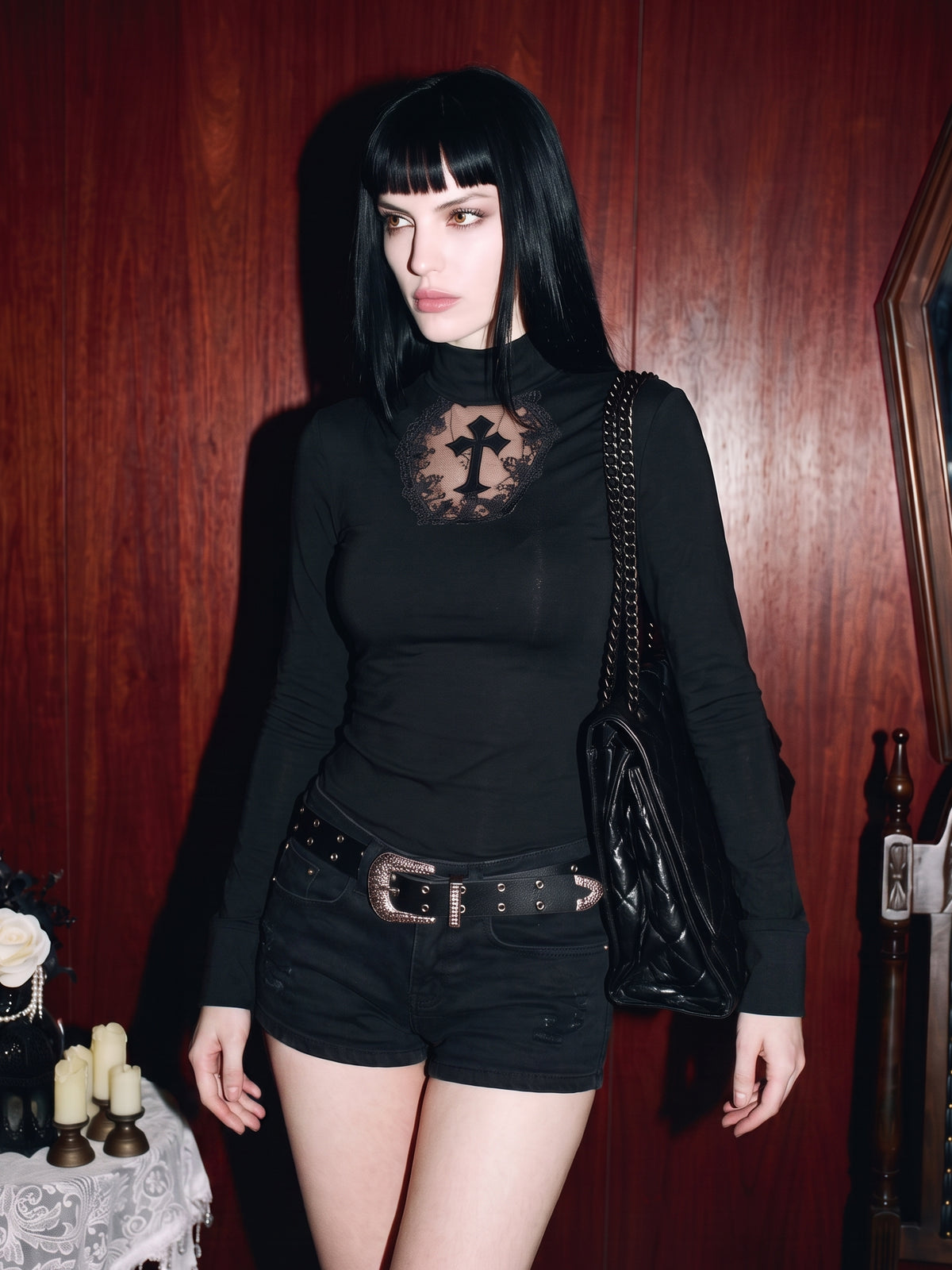 Gothic Lace Cross Mock Neck Tee