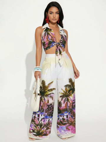 Tropical Print Halter Resort Pant Set