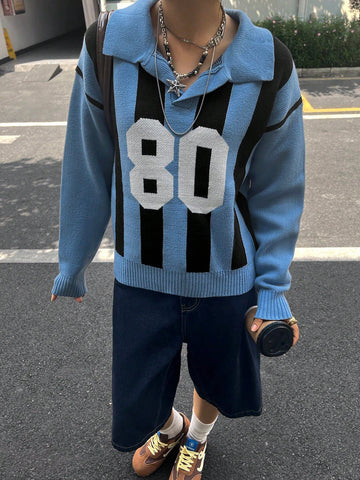 Oversized Sporty Striped Graphic Knit Sweater