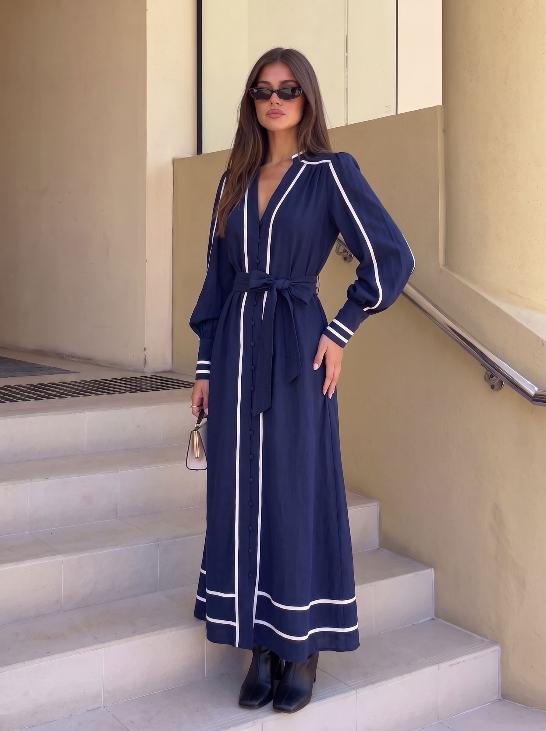 Elegant Belted Contrast Trim Maxi Dress