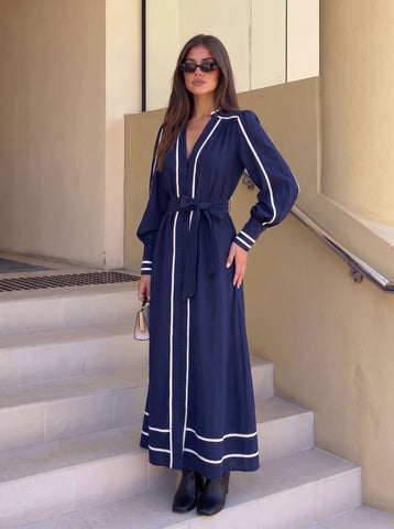 Elegant Belted Contrast Trim Maxi Dress