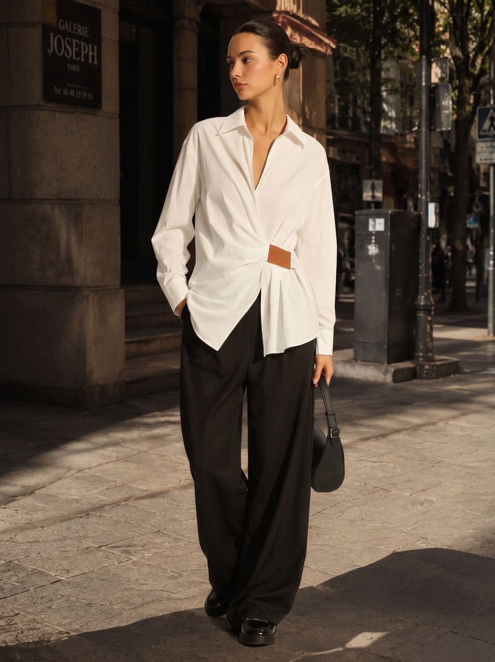 Elegant Ruched Waist Button Down Shirt