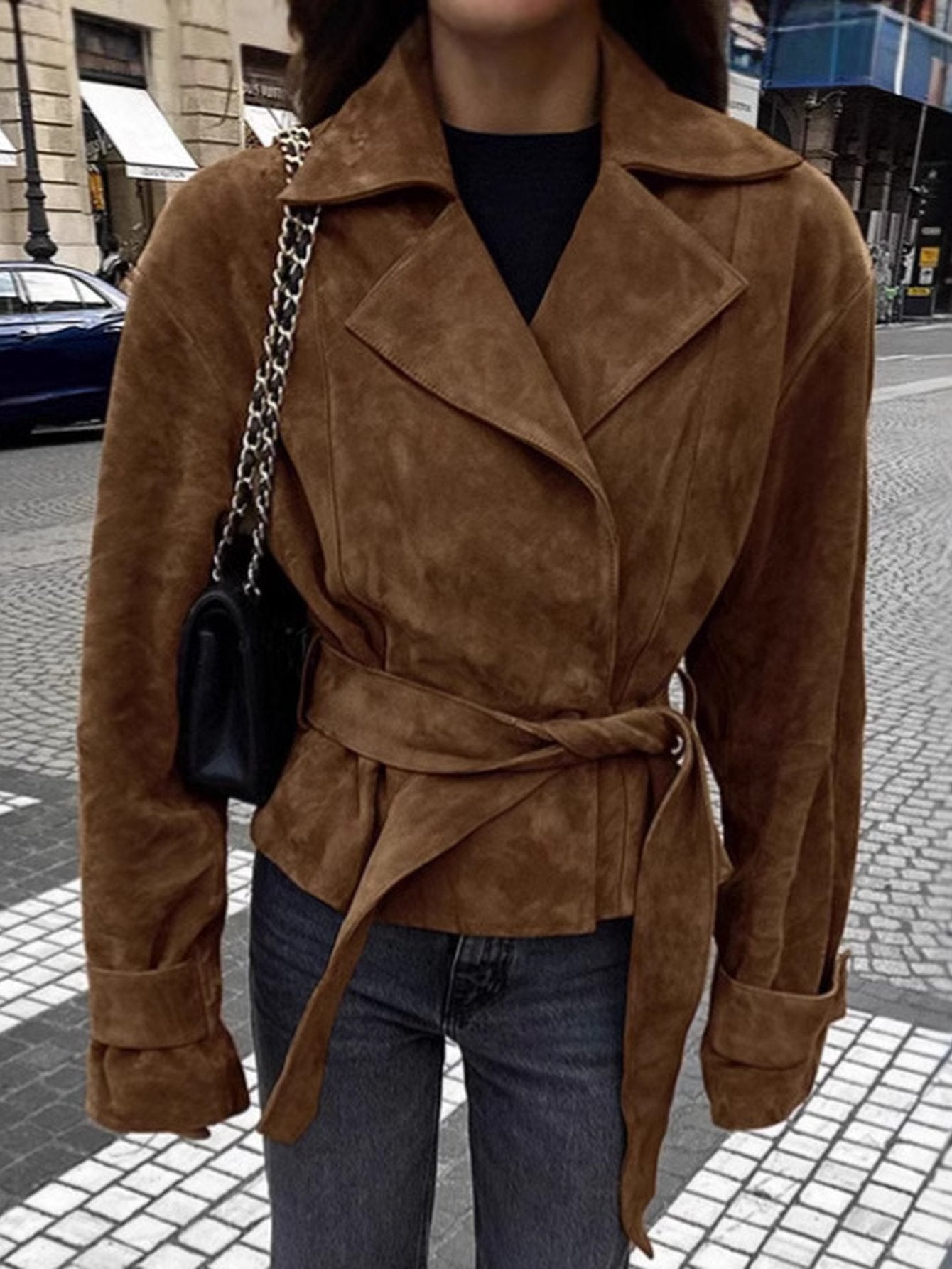Belted Suede Notch Collar Jacket