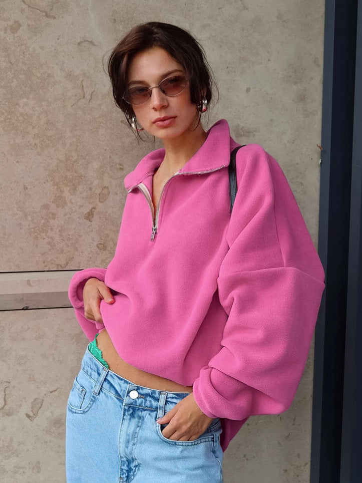 Oversized Pink Quarter Zip Fleece Sweatshirt