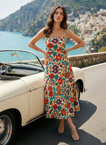 FLORA Floral Print Tiered Strap Midi Dress
