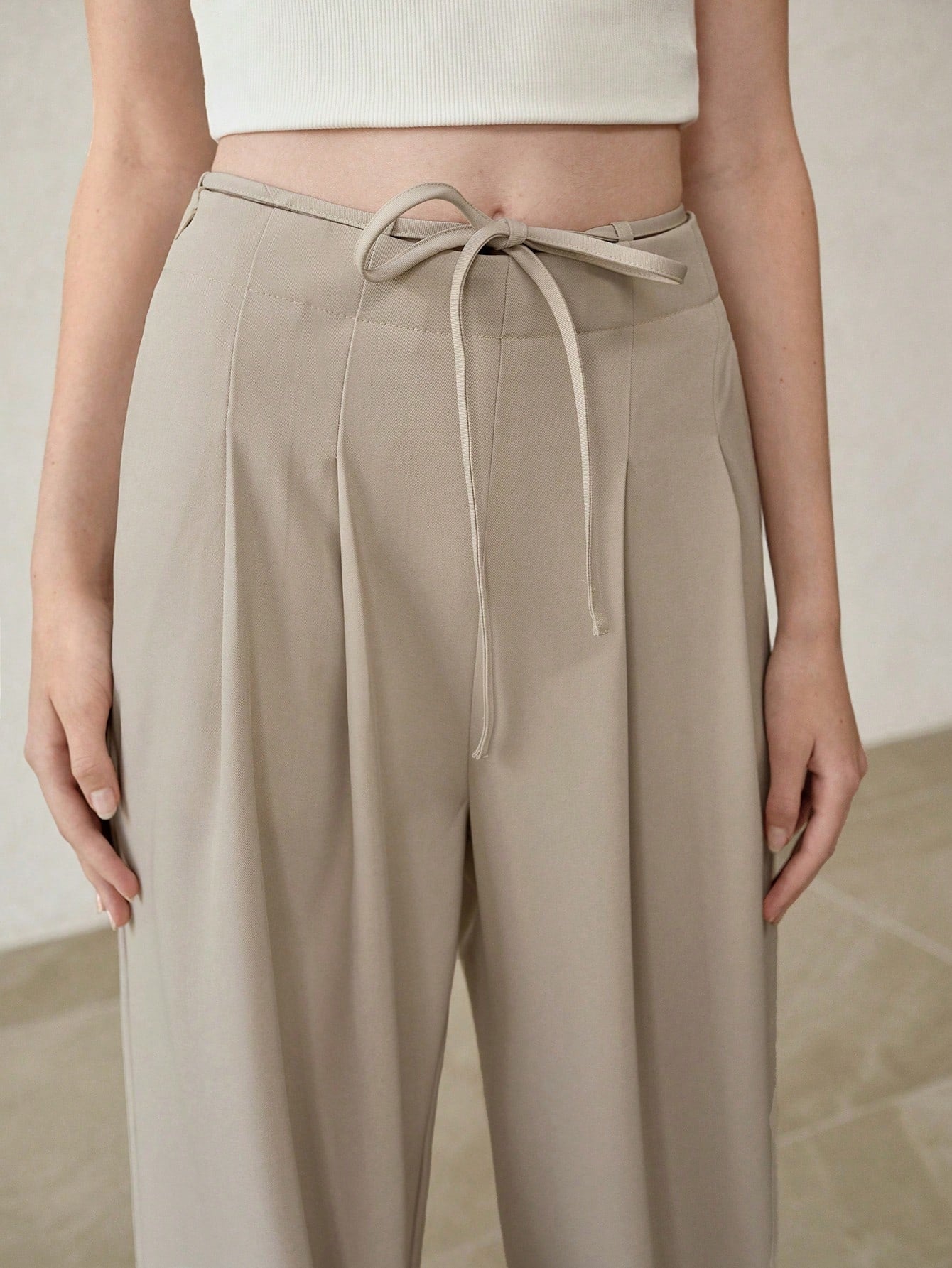 High-Waisted Drawstring Wide-Leg Casual Pants-Khaki