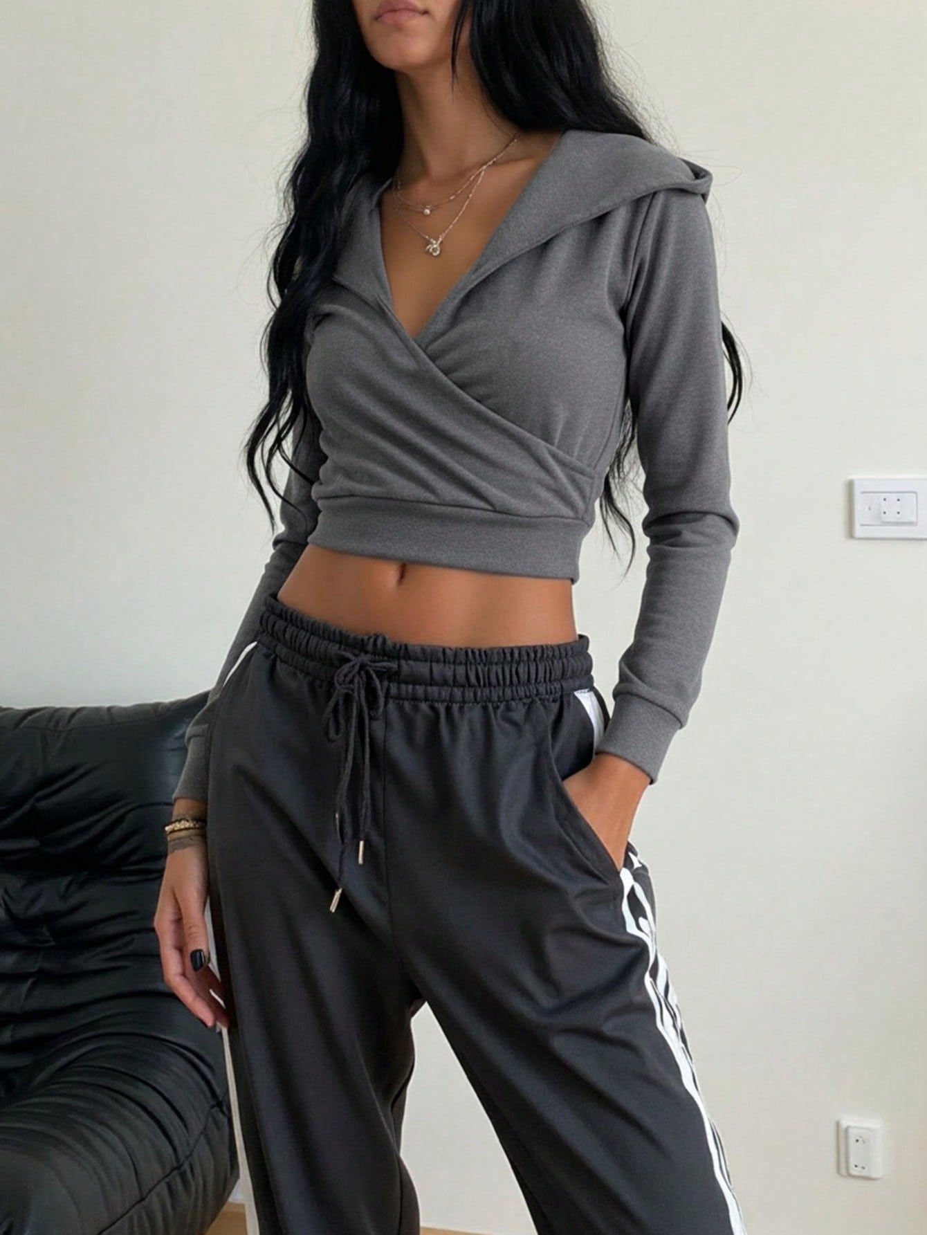 Cropped Wrap Front Hooded Sweatshirt