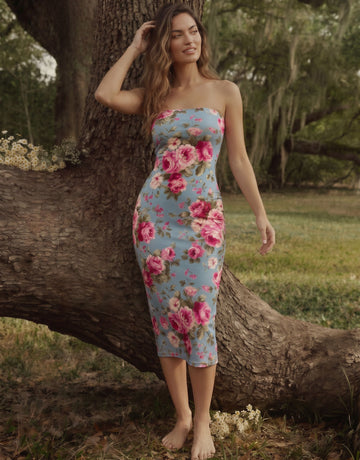 MAIA Floral Print Strapless Sheath Midi Dress