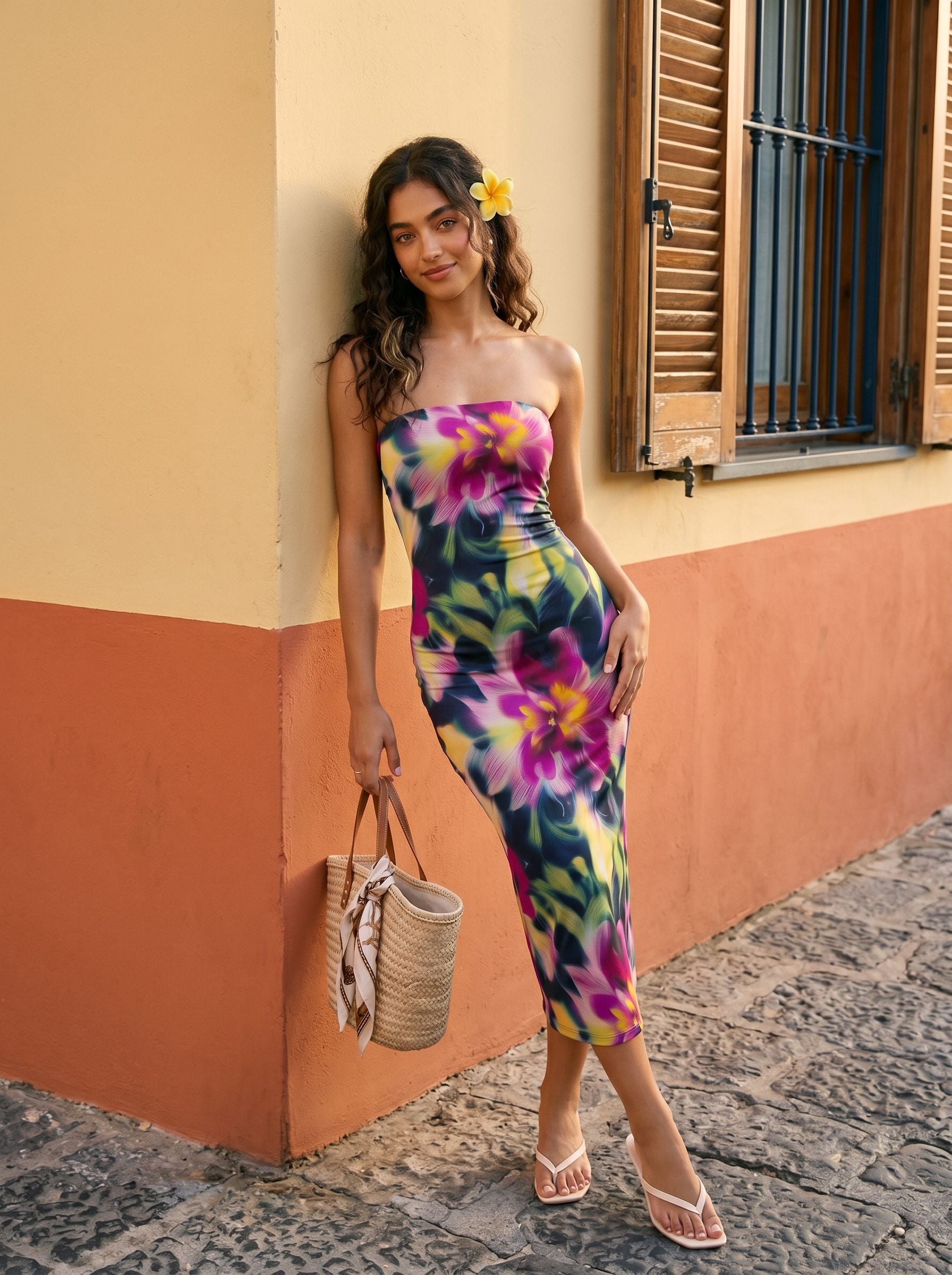 MAIA Abstract Tropical Floral Print Strapless Sheath Midi Dress