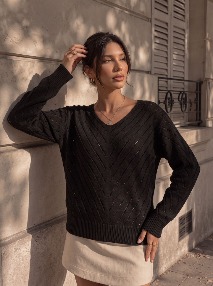 Textured V Neck Knit Pullover Sweater