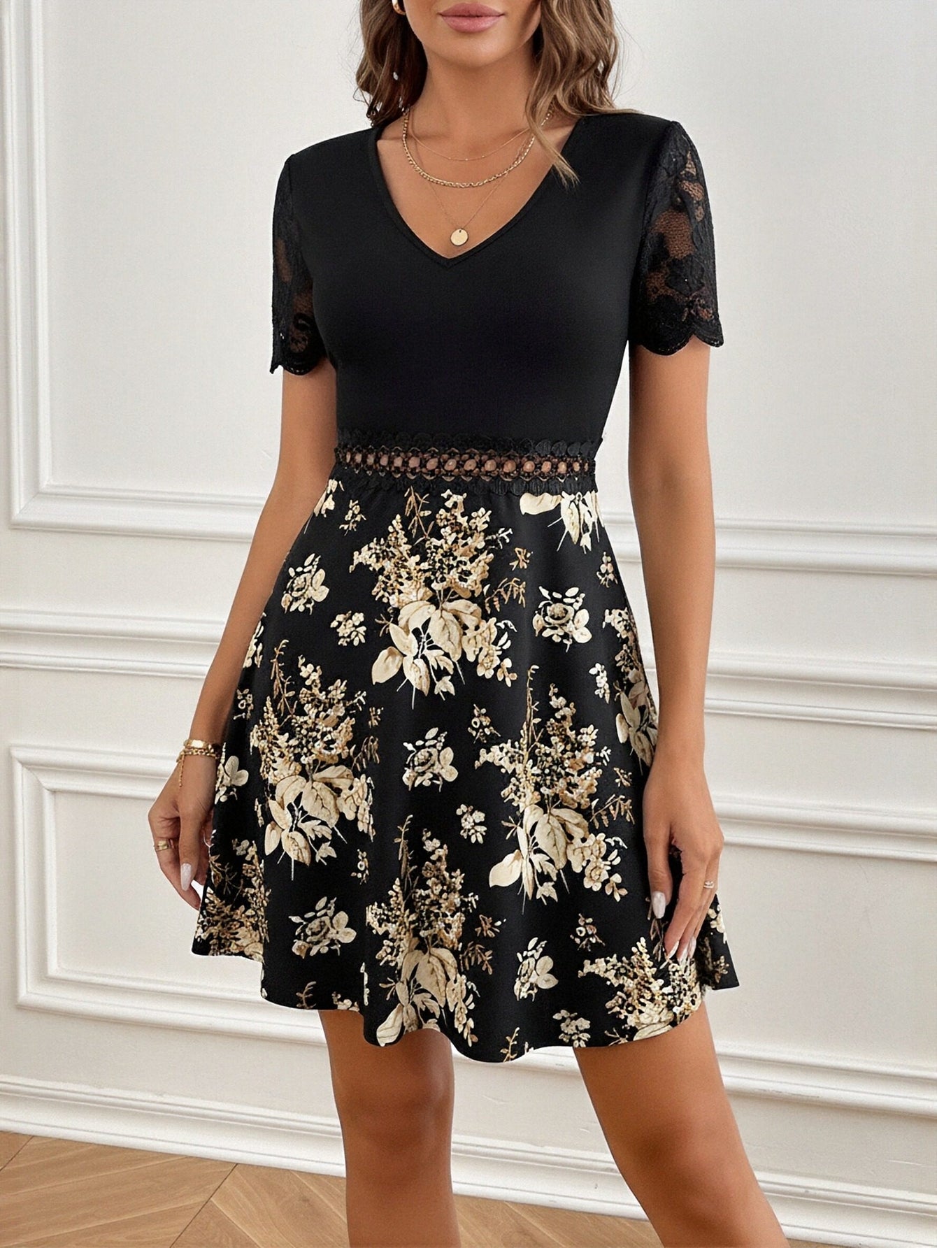 Lace Panel Floral Embroidery V-Neck Elegant Mini Dress-Black