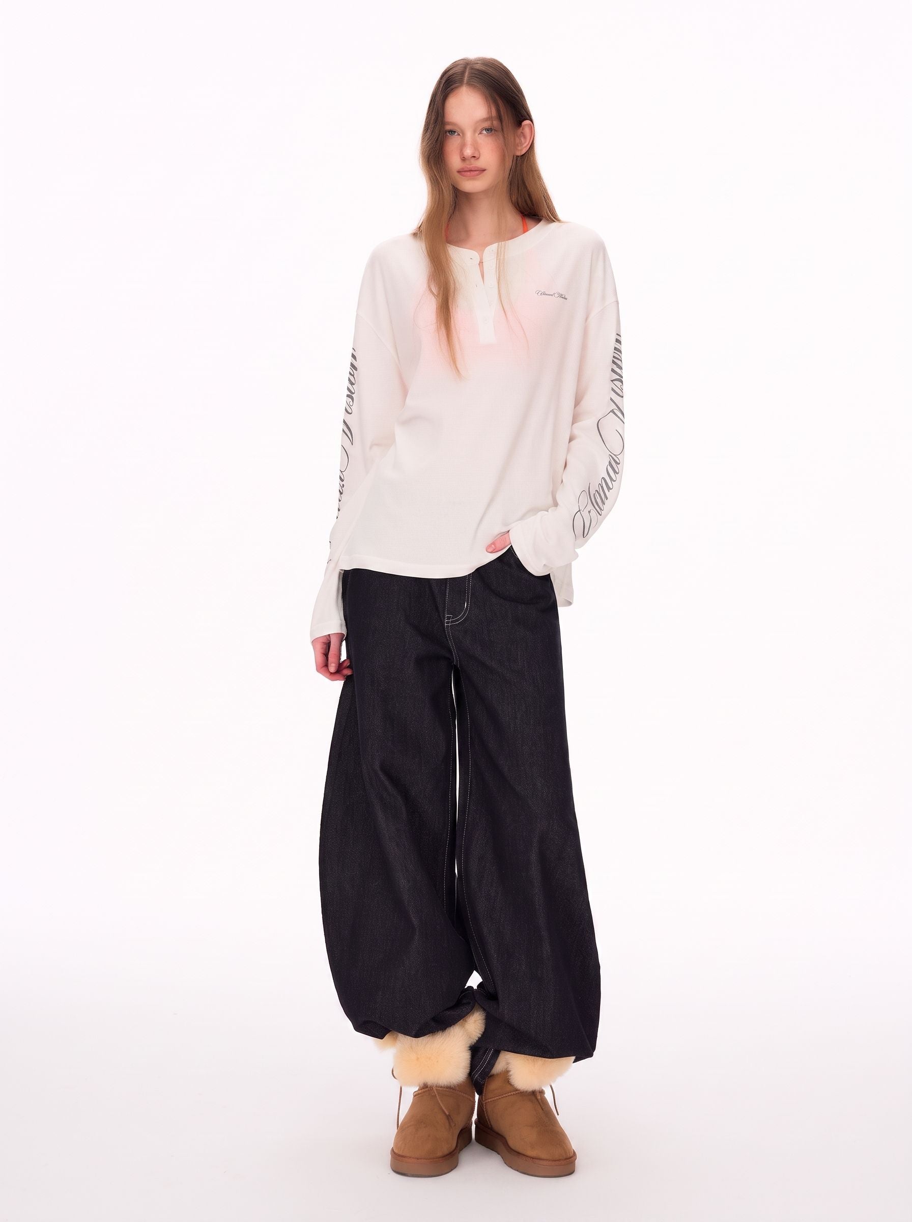 Oversized Thermal Henley Long Sleeve T Shirt