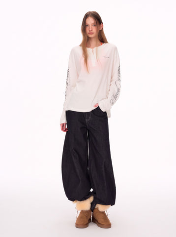 Oversized Thermal Henley Long Sleeve T Shirt