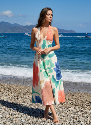 Floral Print Halter Neck Tie Back Midi Dress
