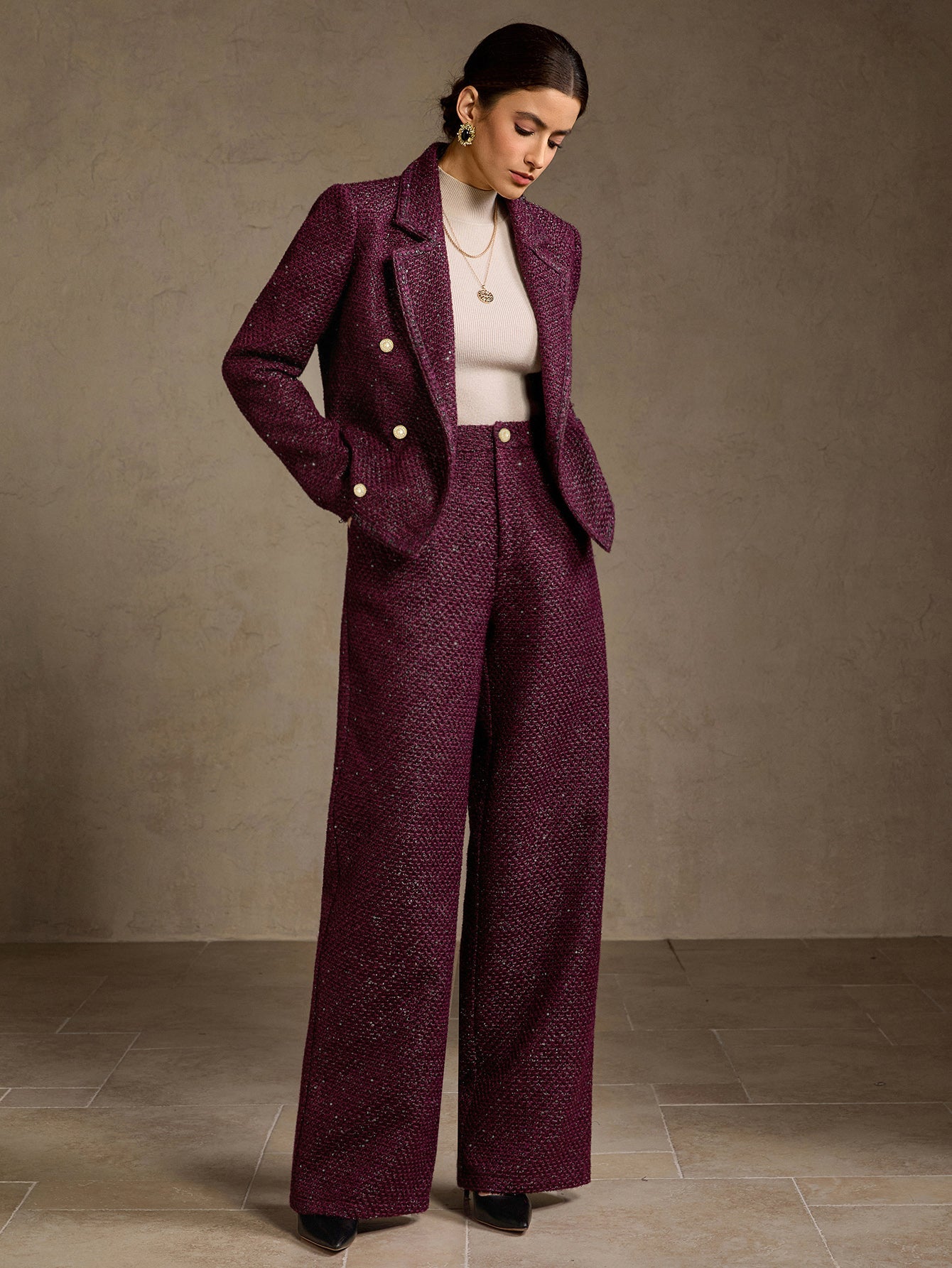 Elegant Tweed High Waisted Wide Pants