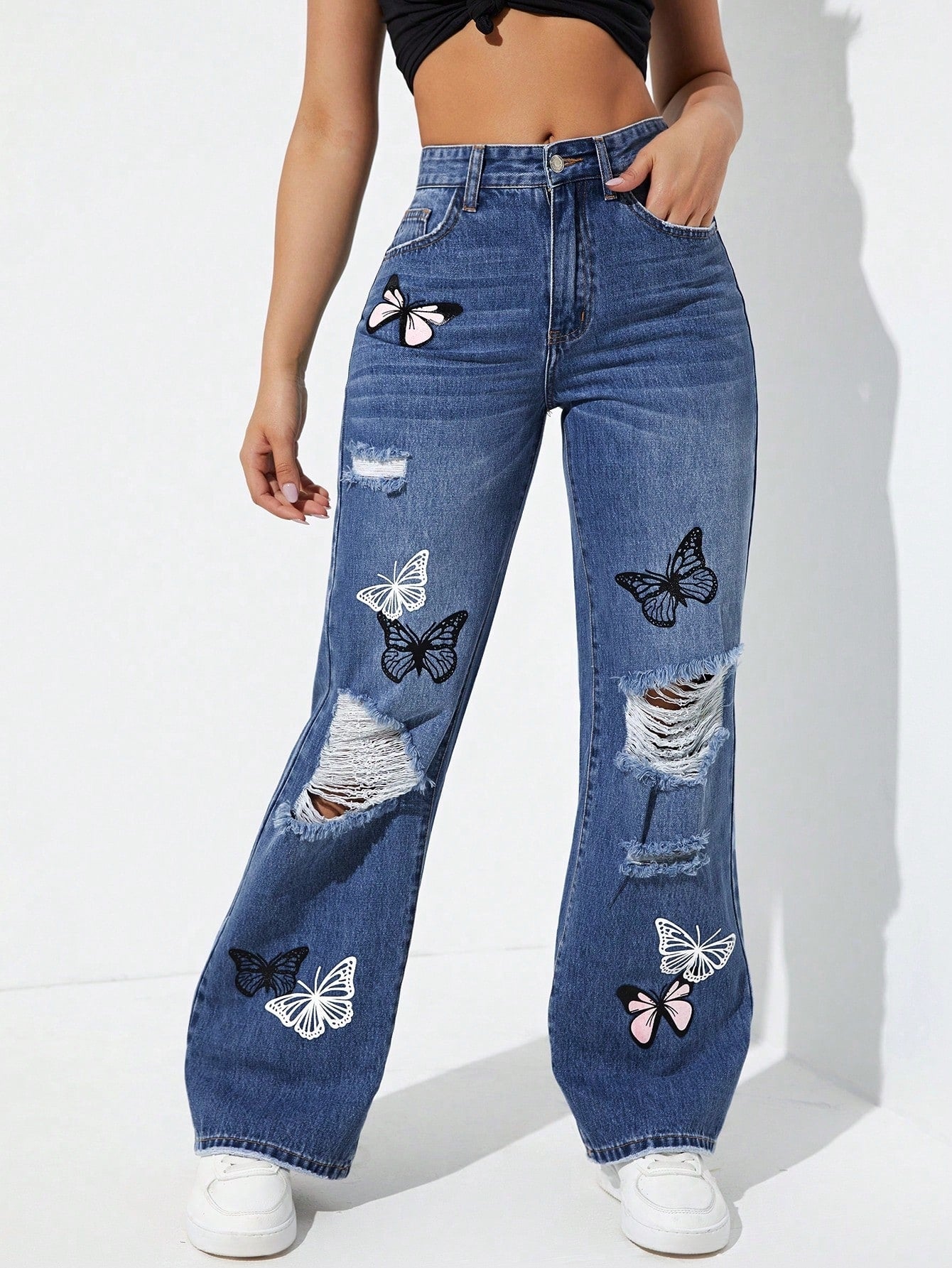 Distressed Butterfly Print Wide Leg Jeans