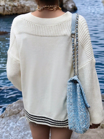 Oversized Graphic V Neck Knit Sweater