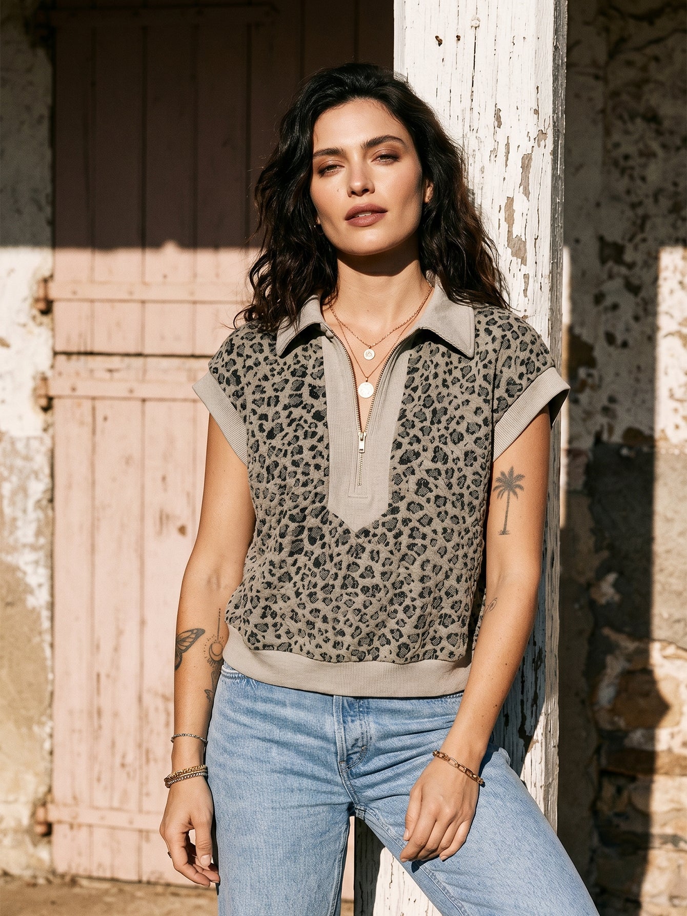 Leopard Print Zip Short Sleeve Top