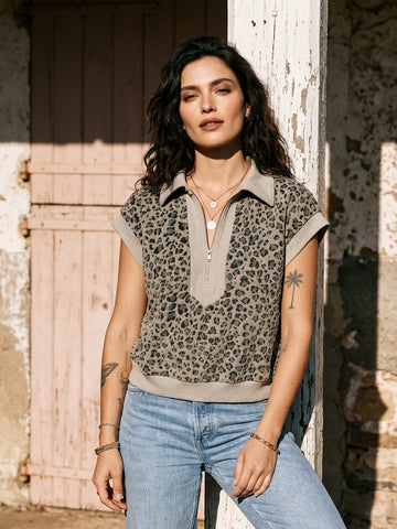Leopard Print Zip Short Sleeve Top