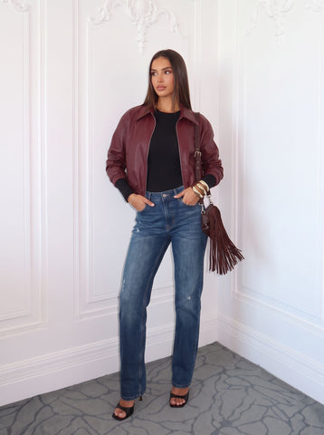 Burgundy Cropped Faux Leather Bomber Jacket