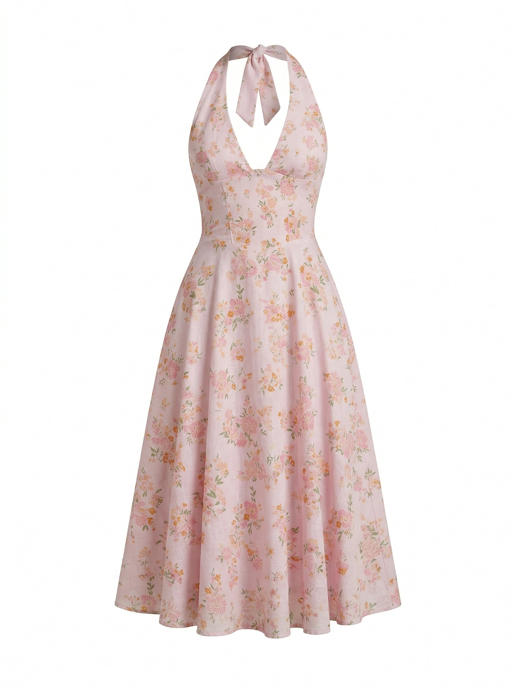 Floral Print Halter Neck Tie Back Midi Dress