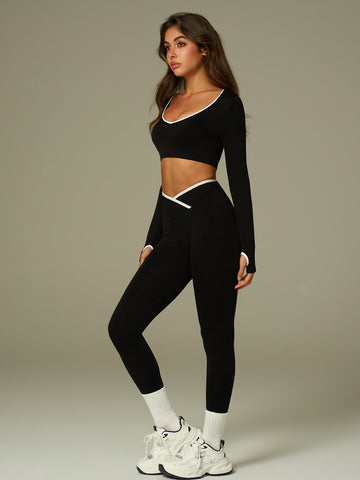 Racing-Stripe Cropped Set Sleek Yoga Set-Burgundy