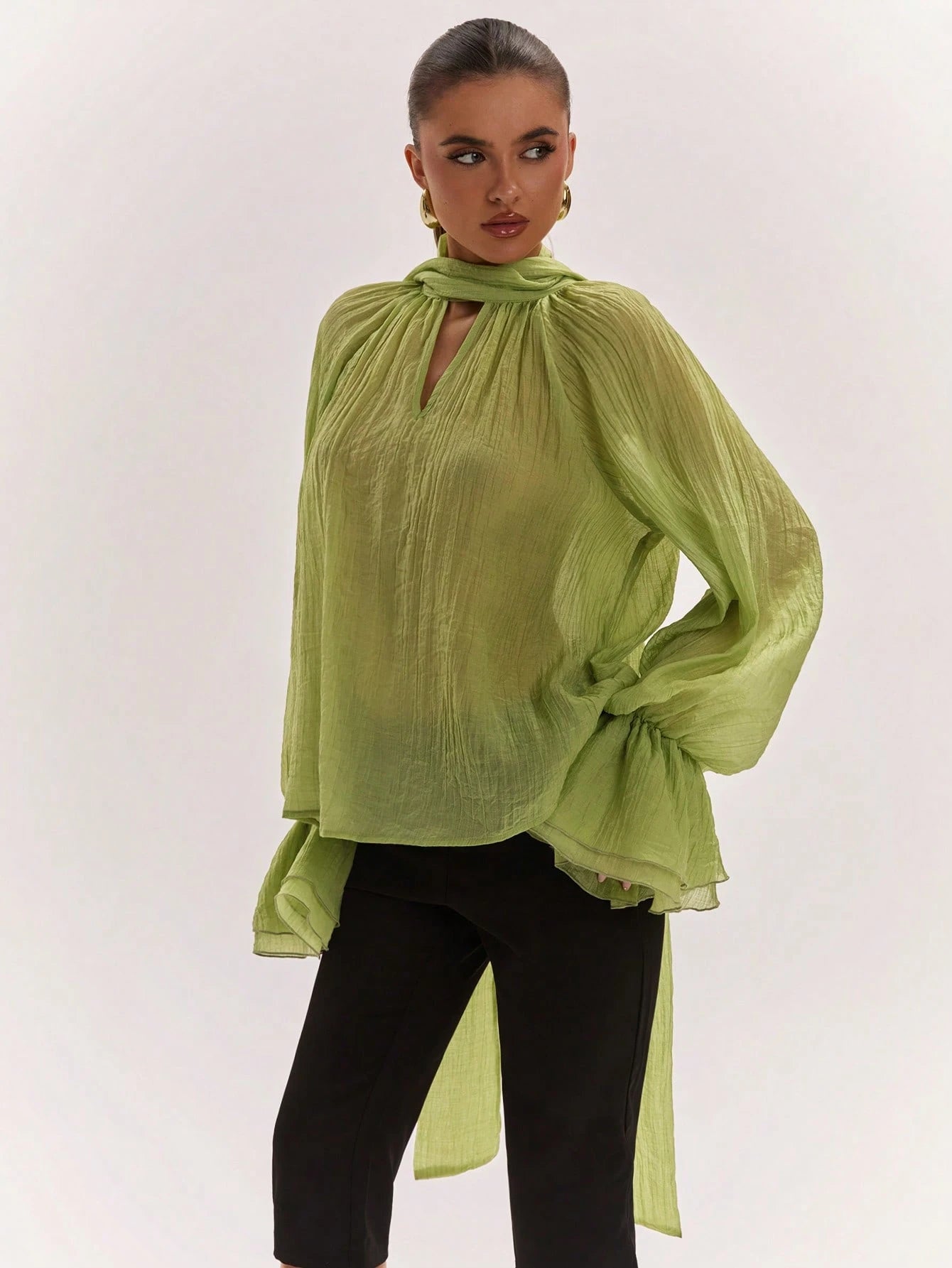 Sheer Flowy Bell Sleeve Blouse