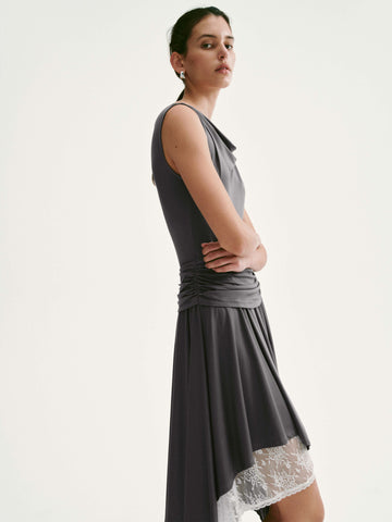 Lace Trim Asymmetric Pleated A-Line Midi Dresses