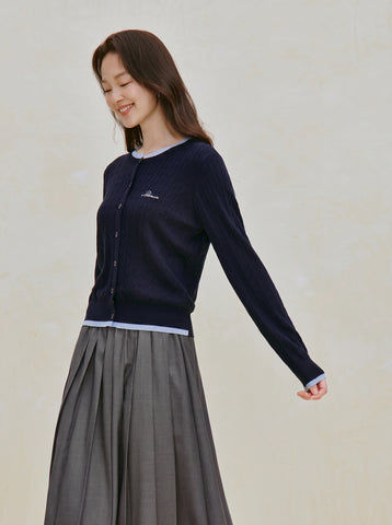 Embroidered Wool Blend Cable Knit Cardigan