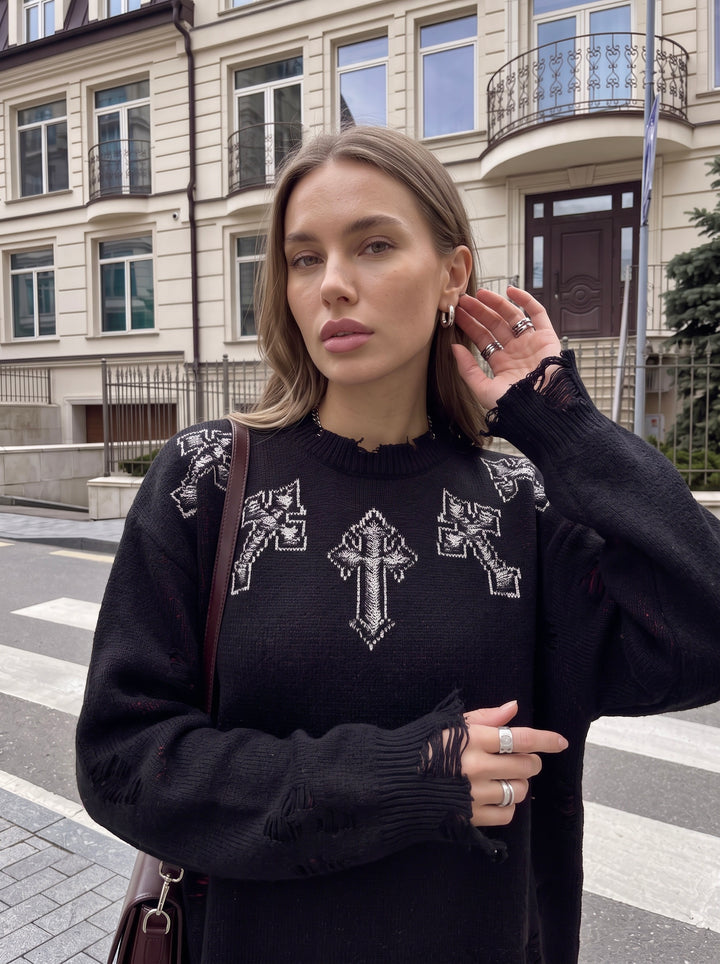 Gothic Cross Graphic Oversized Sweater