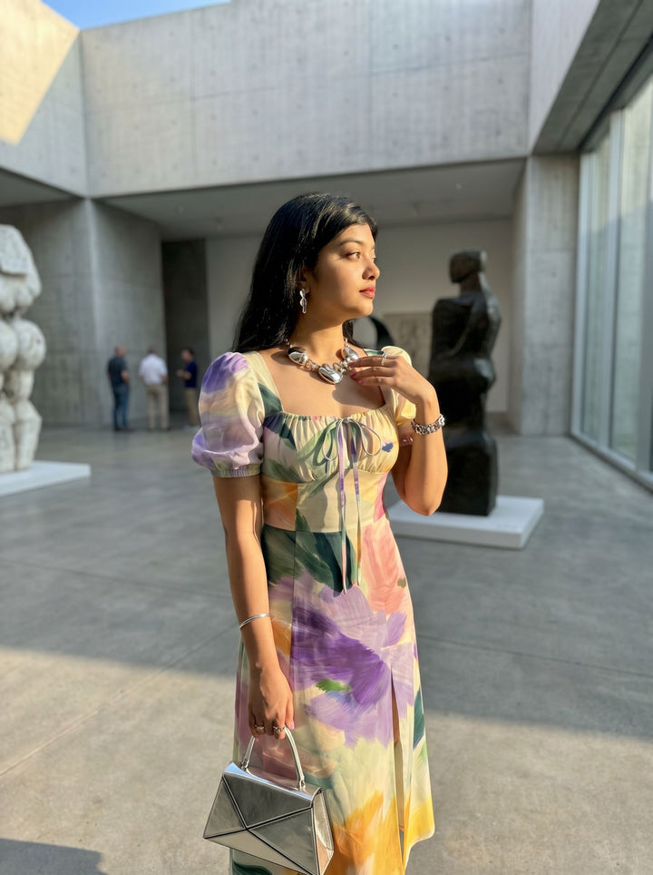 CORA Abstract Watercolor Print Puff Sleeve Tie MidiDress