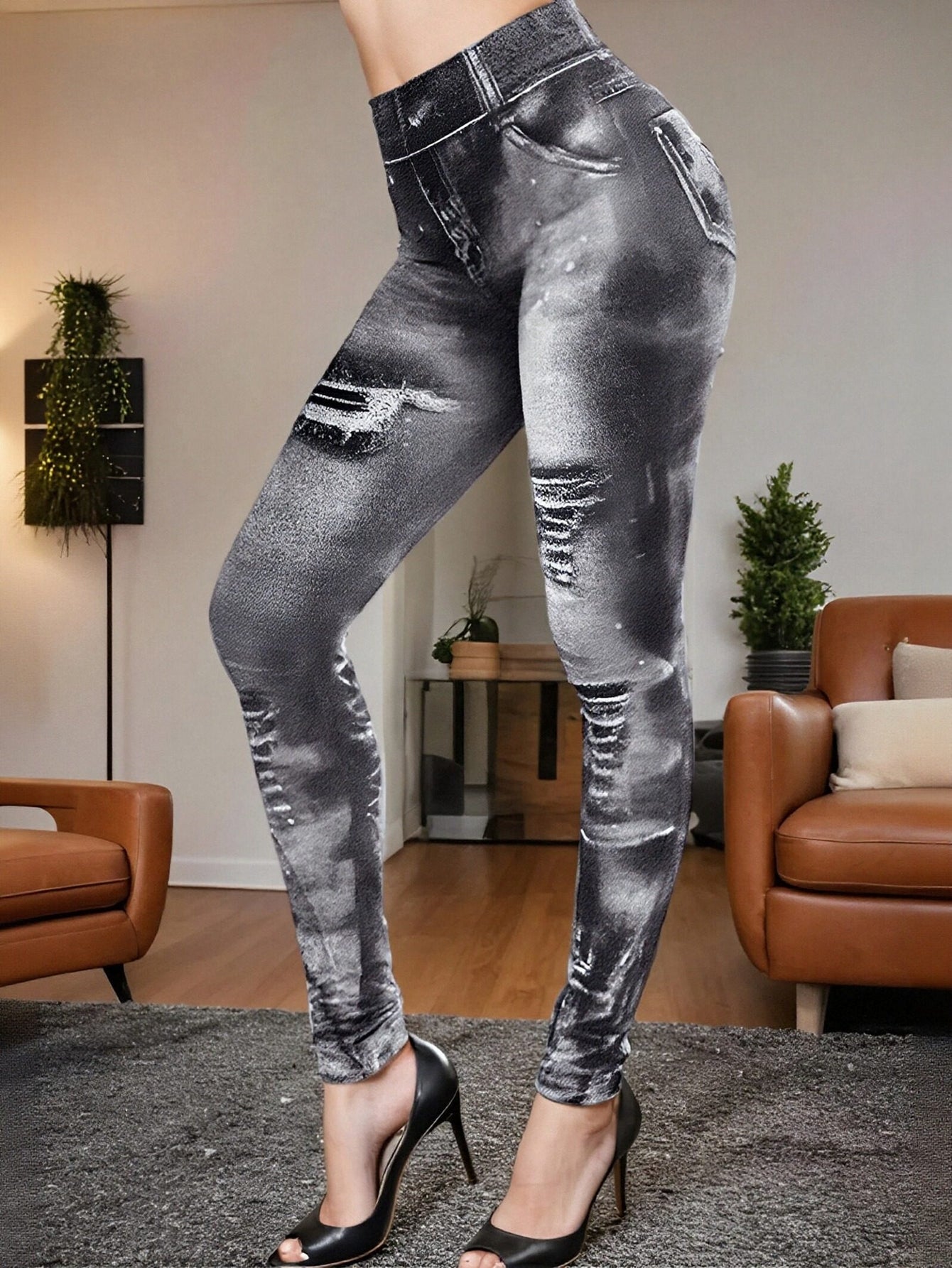 Distressed Denim-Print High-Waisted Stretchy Yoga Leggings-Black