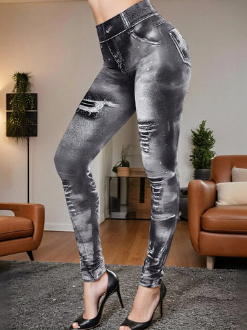 Distressed Denim-Print High-Waisted Stretchy Yoga Leggings-Black