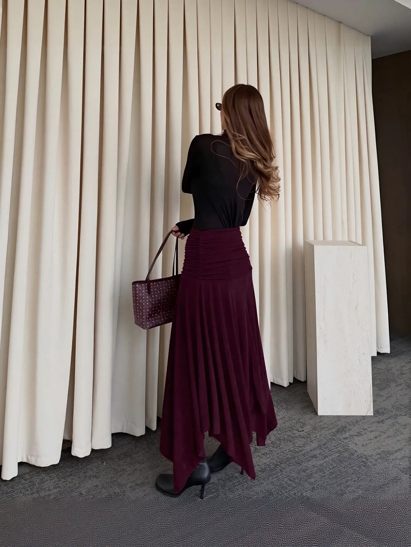 Ruched High Waist Midi Skirt